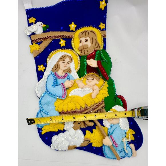 Handmade Felt Nativity Christmas Stocking Sequins, Beads, Religious Decor - Picture 2 of 7